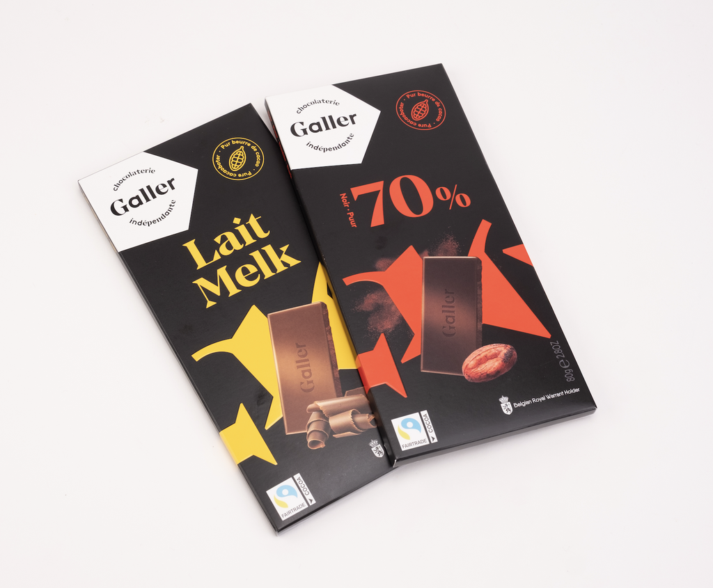 Duo de tablettes de chocolat Galler : lait profond et noir intense