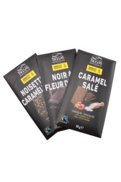 Trio de tablette de chocolat Belvas :  lait noisettes /  noir 72% / lait éclat caramel